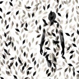 A human figure is partly visible in an abstract flurry of leaves