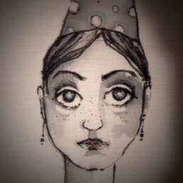 Illustration of woman wearing circus hat, with mouth stitched shut