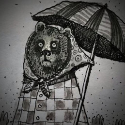 A bear in a raincoat with an umbrella, staring